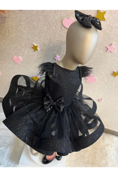 Kız Çocuk Siyah Simli Tüllü Kabarık Abiye Elbise - 5