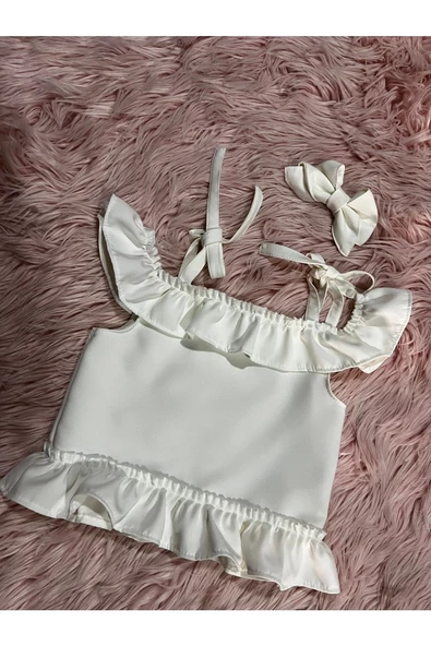 Kız Çocuk Ekru Beyaz Fırfırlı Yazlık Bluz - 3