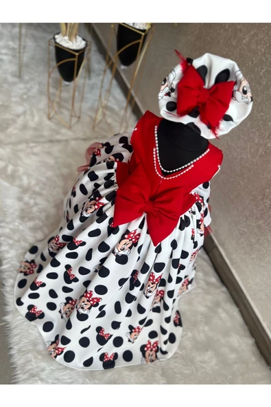 Kız Çocuk Minnie Mickey Mouse Desenli Kırmızı Kuyruklu Tasarım Elbise - 3