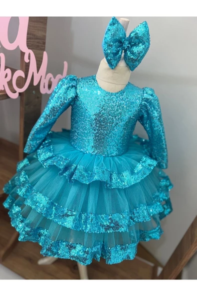 Kız Çocuk Mavi Payet Detaylı Tüllü Kabarık Abiye Elbise - 7
