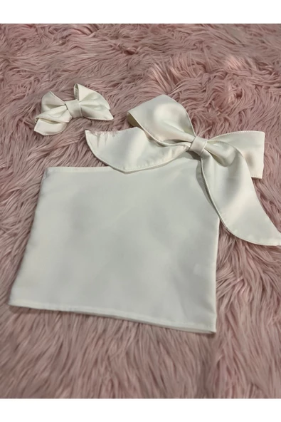 Kız Çocuk Tek Omuz Fiyonk Detaylı Sarı Yazlık Crop Bluz Ve Tokası - 8