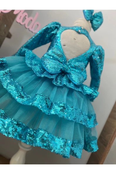 Kız Çocuk Mavi Payet Detaylı Tüllü Kabarık Abiye Elbise - 5