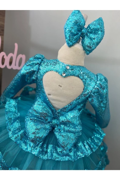 Kız Çocuk Mavi Payet Detaylı Tüllü Kabarık Abiye Elbise - 4