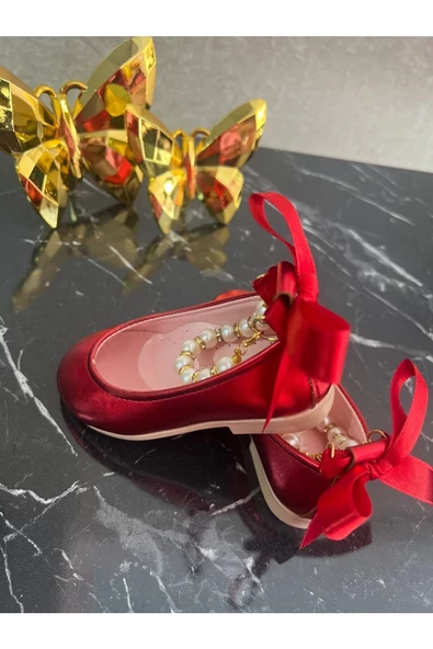 Kız Çocuk Parlak Kırmızı Inci Detaylı Babet Ayakkabı - Resim 5