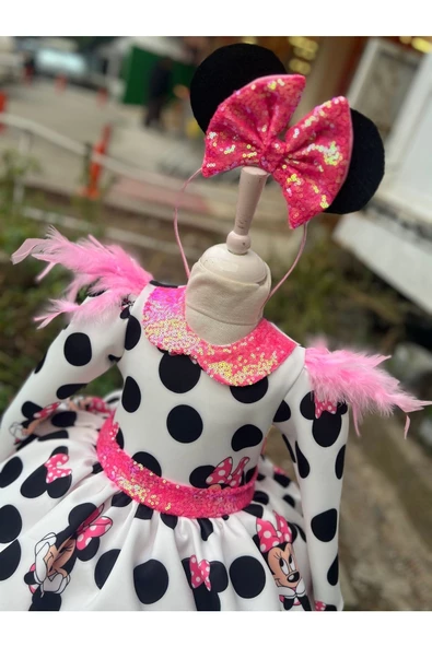Kız Çocuk Mickey Mouse Pembe Payet Detaylı Tüllü Elbise - 7