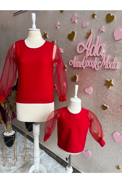 Anne Kız Kırmızı Kolları Tüllü Bluz (sepete Ayrı Eklenmelidir Görünen Fiyat Adet Fiyatıdır) - 3