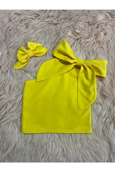 Kız Çocuk Tek Omuz Fiyonk Detaylı Sarı Yazlık Crop Bluz Ve Tokası - 3