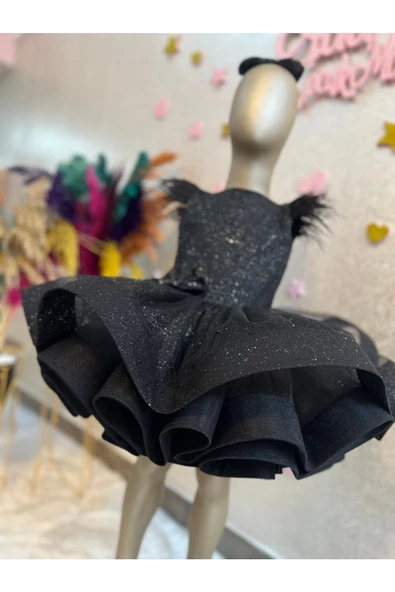 Kız Çocuk Siyah Simli Tüllü Kabarık Abiye Elbise - 4