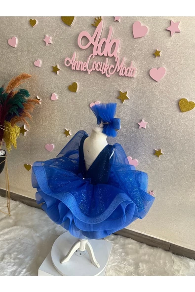 Saks Mavisi Simli Tüllü Kabarık Kız Çocuk Abiye Elbise - Resim 6