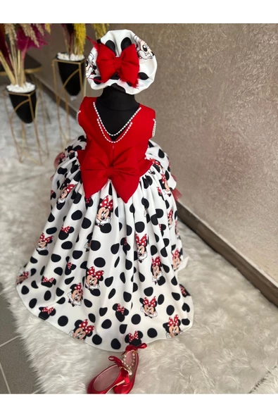 Kız Çocuk Minnie Mickey Mouse Desenli Kırmızı Kuyruklu Tasarım Elbise - 5