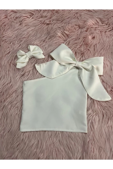 Kız Çocuk Tek Omuz Fiyonk Detaylı Sarı Yazlık Crop Bluz Ve Tokası - 9