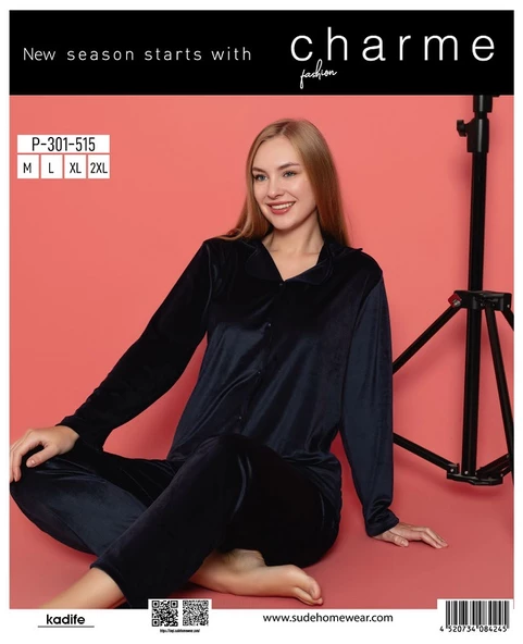 CHARME P-301-515 BAYAN KADİFE GÖMLEK UZUN KOL PİJAMA TAKIMI