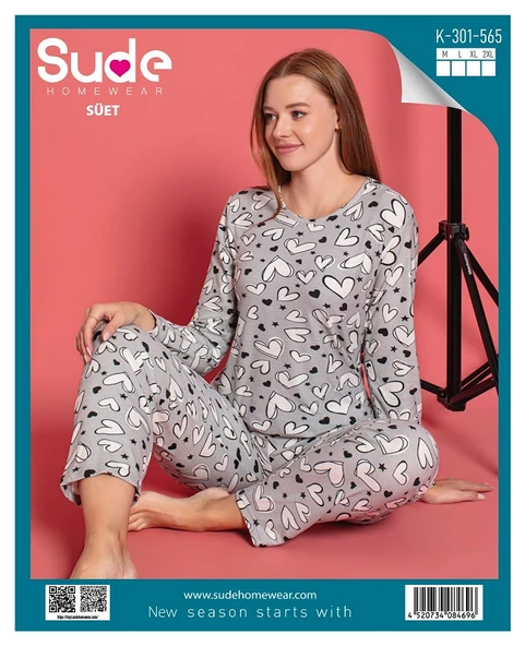 SUDE K-301-565 BAYAN SÜET GENÇ UZUN KOL PİJAMA TAKIMI