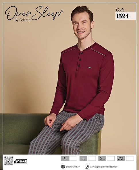 OVER SLEEP 1524 ERKEK POLEREN BORDO PİJAMA TAKIM - 2
