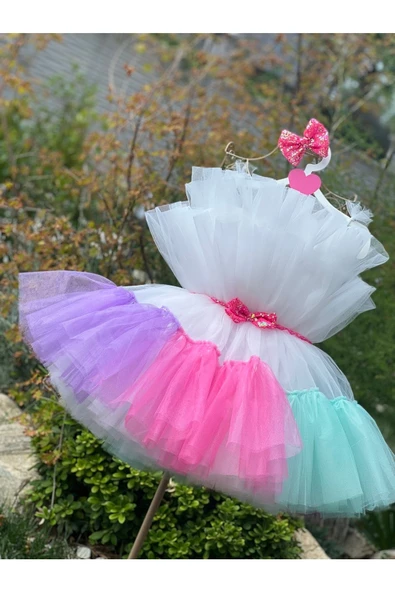 Kız Çocuk Kabarık Tüllü Renkli Abiye Elbise - 5