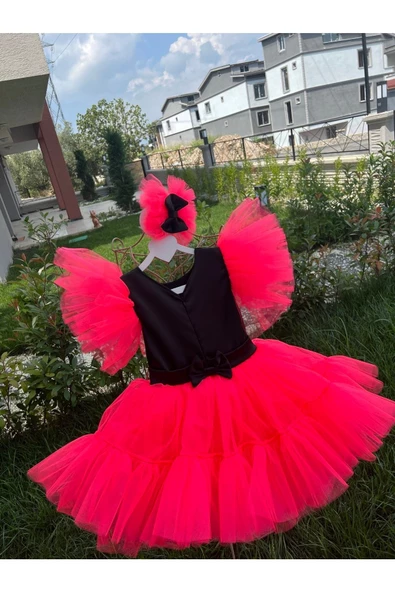 Kız Çocuk Neon Pembe Siyah Tüllü Kabarık Abiye Elbise - 3
