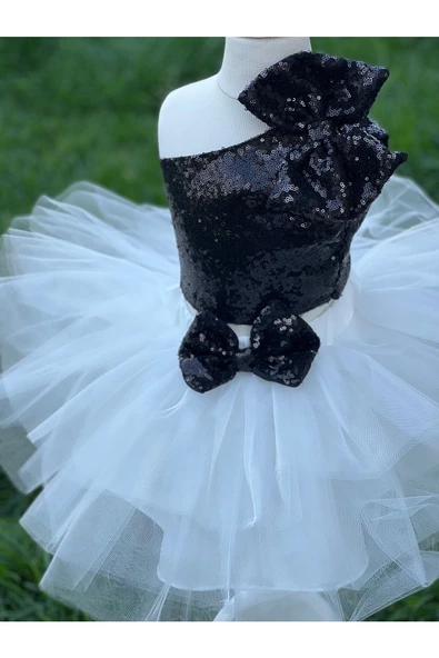 Kız Çocuk Beyaz Kabarık Tütü Etekli Siyah Payet Crop Bluz Takım - 3