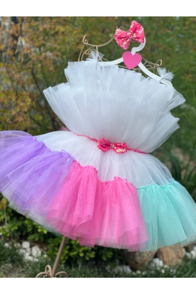 Kız Çocuk Kabarık Tüllü Renkli Abiye Elbise - 4