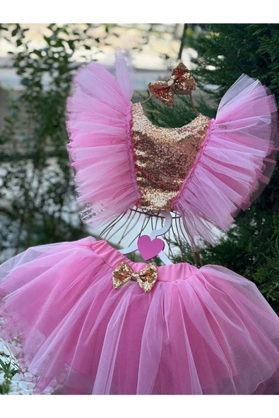 Kız Çocuk Pembe Gold Payet Detaylı Tütü Etek Bluz Takım - 4