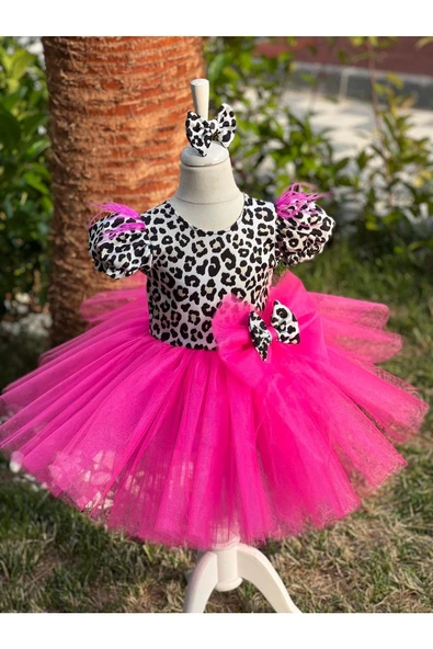 Kız Çocuk Leopar Desenli Tüllü Kabarık Abiye Elbise - 8
