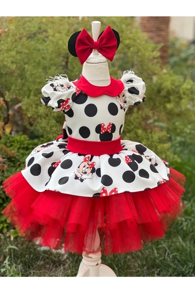 Kız Çocuk Miki Mickey Mouse Kırmızı Tüllü Kabarık Elbise - 3