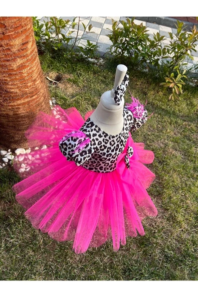 Kız Çocuk Leopar Desenli Tüllü Kabarık Abiye Elbise - 2