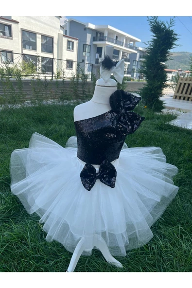 Kız Çocuk Beyaz Kabarık Tütü Etekli Siyah Payet Crop Bluz Takım - 8