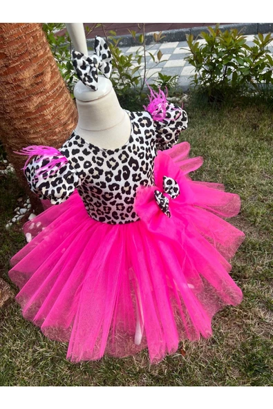 Kız Çocuk Leopar Desenli Tüllü Kabarık Abiye Elbise - 7
