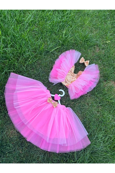 Kız Çocuk Pembe Gold Payet Detaylı Tütü Etek Bluz Takım - 6