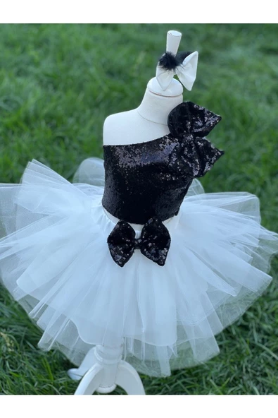 Kız Çocuk Beyaz Kabarık Tütü Etekli Siyah Payet Crop Bluz Takım - 5