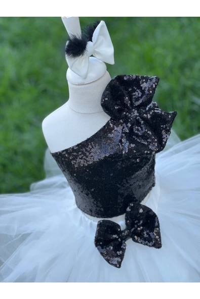 Kız Çocuk Beyaz Kabarık Tütü Etekli Siyah Payet Crop Bluz Takım - 2