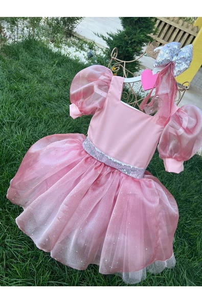 Kız Çocuk Pudra Pembe Kabarık Tüllü Abiye Elbise - 5