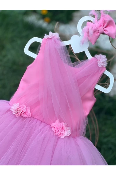 Kız Çocuk Pembe Kabarık Tüllü Tasarım Abiye Elbise - 5