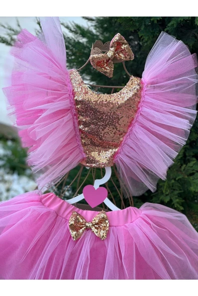 Kız Çocuk Pembe Gold Payet Detaylı Tütü Etek Bluz Takım - 3