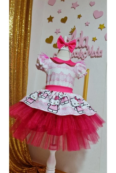 Kız Çocuk Pembe Hello Kitty Desenli Kabarık Tüllü Elbise - 2