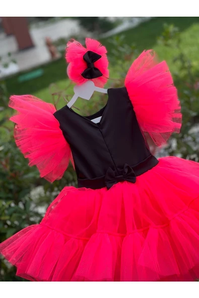 Kız Çocuk Neon Pembe Siyah Tüllü Kabarık Abiye Elbise - 4