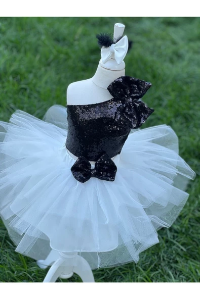 Kız Çocuk Beyaz Kabarık Tütü Etekli Siyah Payet Crop Bluz Takım - 6