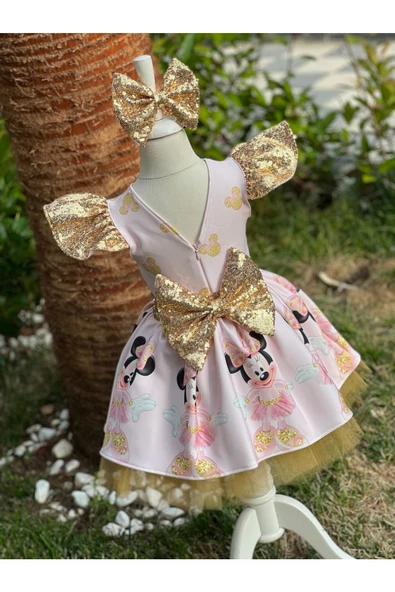 Kız Çocuk Minnie Mouse (miki Mouse) Desenli Gold Payet Detaylı Tüllü Elbise - 4