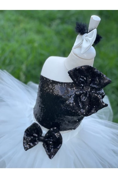 Kız Çocuk Beyaz Kabarık Tütü Etekli Siyah Payet Crop Bluz Takım - 4