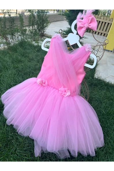 Kız Çocuk Pembe Kabarık Tüllü Tasarım Abiye Elbise - 7