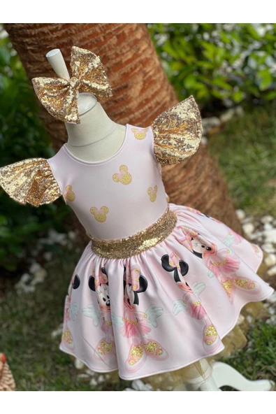 Kız Çocuk Minnie Mouse (miki Mouse) Desenli Gold Payet Detaylı Tüllü Elbise