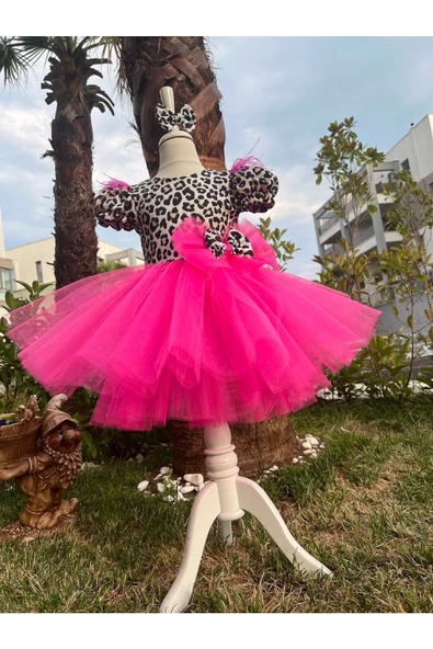 Kız Çocuk Leopar Desenli Tüllü Kabarık Abiye Elbise - 5