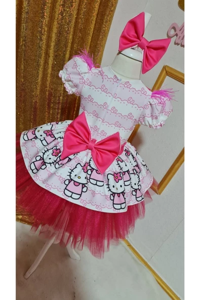 Kız Çocuk Pembe Hello Kitty Desenli Kabarık Tüllü Elbise - 3