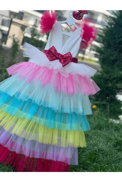 Kız Çocuk Tüllü Kabarık Kuyruklu Rainbow Elbise - 2