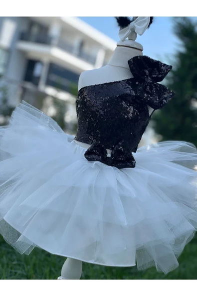 Kız Çocuk Beyaz Kabarık Tütü Etekli Siyah Payet Crop Bluz Takım - 7