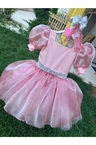 Kız Çocuk Pudra Pembe Kabarık Tüllü Abiye Elbise - 7