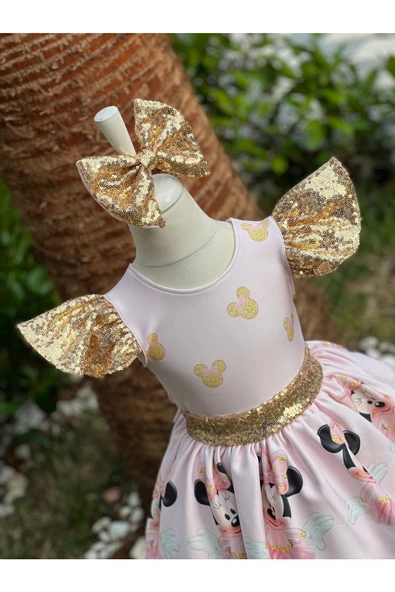 Kız Çocuk Minnie Mouse (miki Mouse) Desenli Gold Payet Detaylı Tüllü Elbise - 5