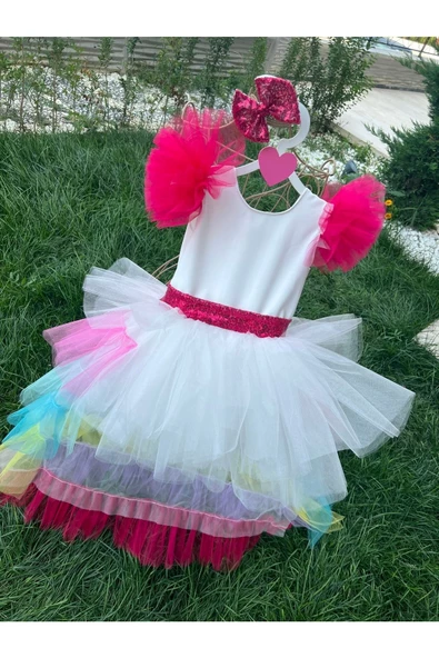 Kız Çocuk Tüllü Kabarık Kuyruklu Rainbow Elbise - 3