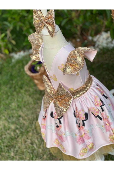 Kız Çocuk Minnie Mouse (miki Mouse) Desenli Gold Payet Detaylı Tüllü Elbise - 3