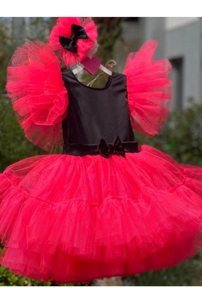 Kız Çocuk Neon Pembe Siyah Tüllü Kabarık Abiye Elbise - 6